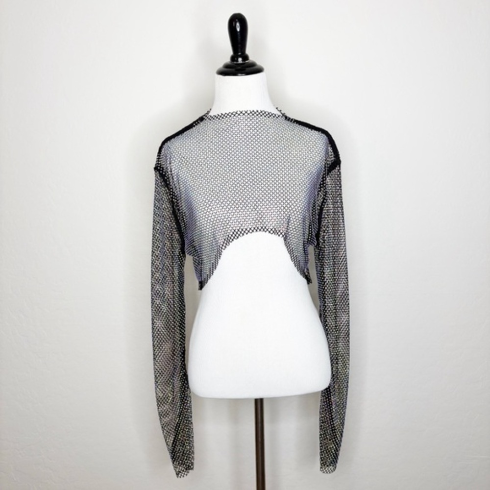 Rhinestone Fishnet Mesh Crop Top Black Long Sleeve Sheer Festival Clubwear XL